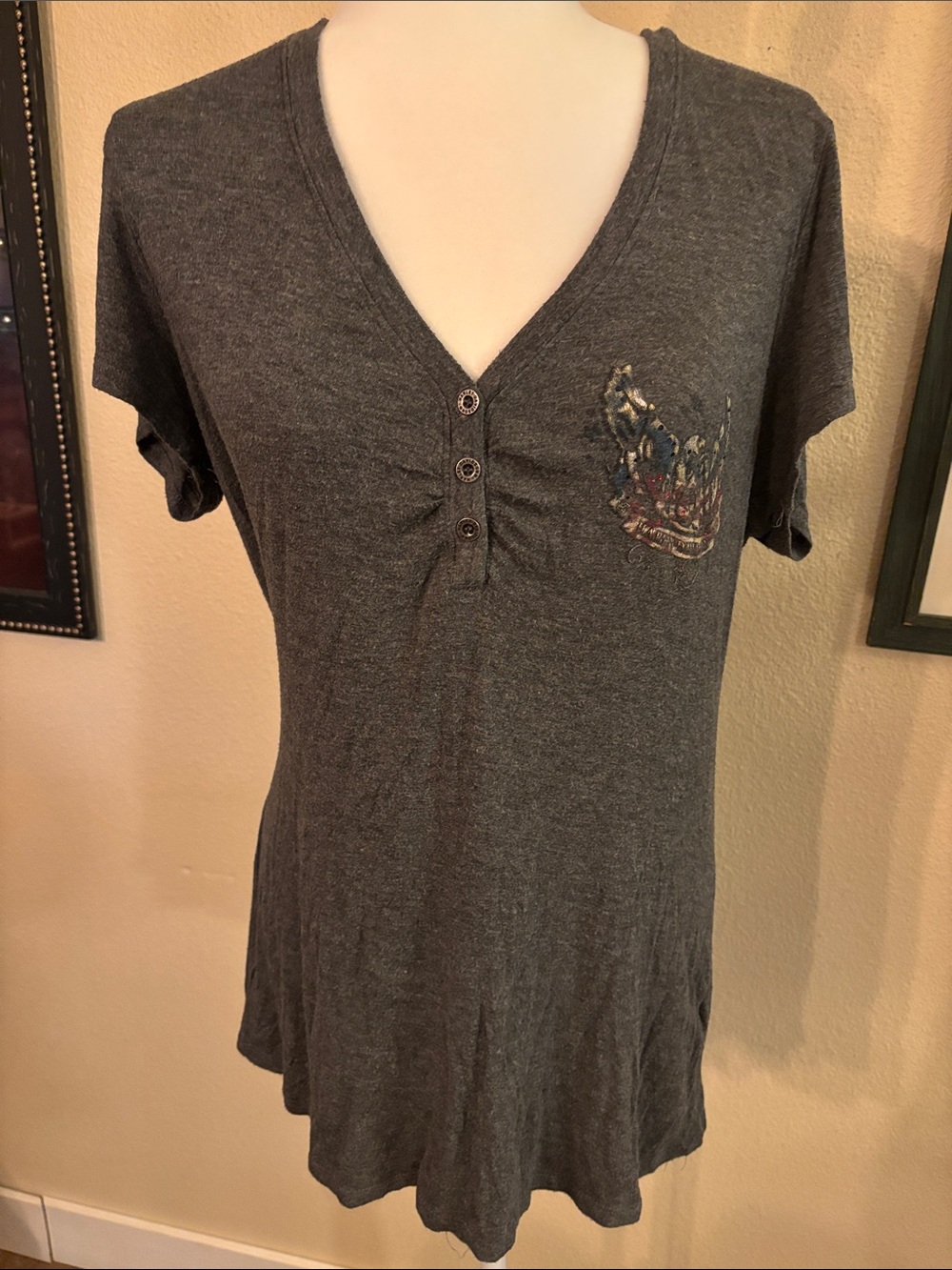 Harley-Davidson Charcoal Short Sleeve V-Neck Henley Tee with Graphic Pocket
